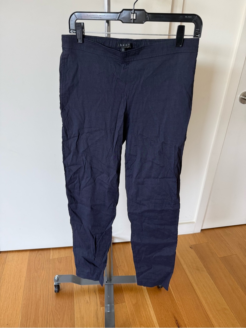 Theory Women’s Navy Slim Brushed Linen Pants with Matte Sheen